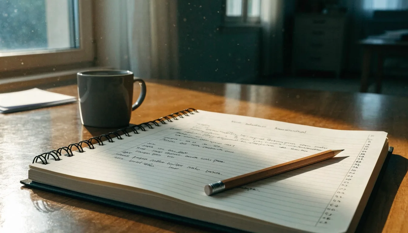 Ein Notizbuch mit handschriftlichen Notizen und ein Bleistift liegen auf einem Schreibtisch am Fenster, draußen fällt Morgenlicht herein.
