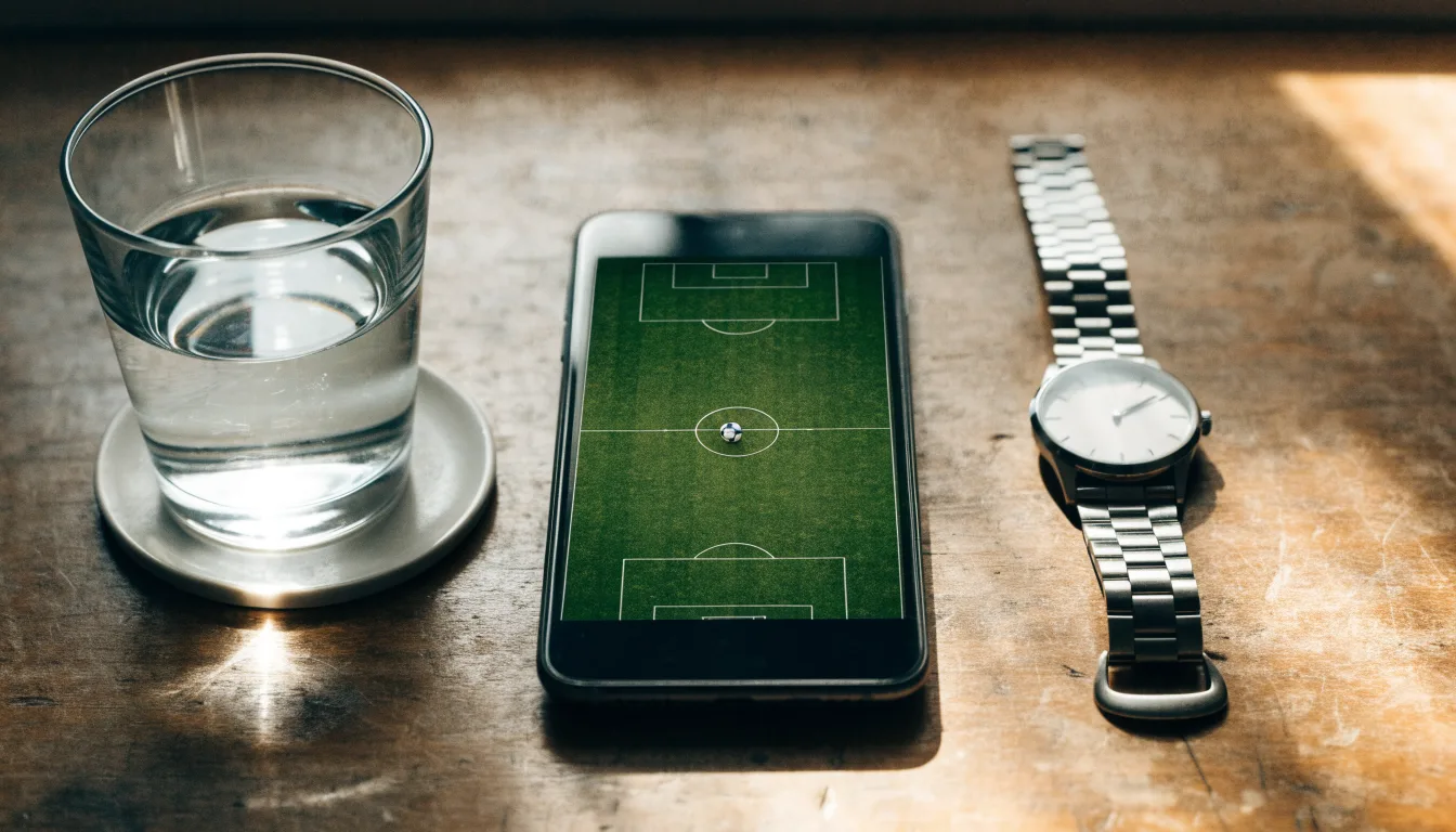 Ein Smartphone liegt mit dem Display nach unten auf einem Küchentisch, daneben stehen ein Glas Wasser und eine Armbanduhr.