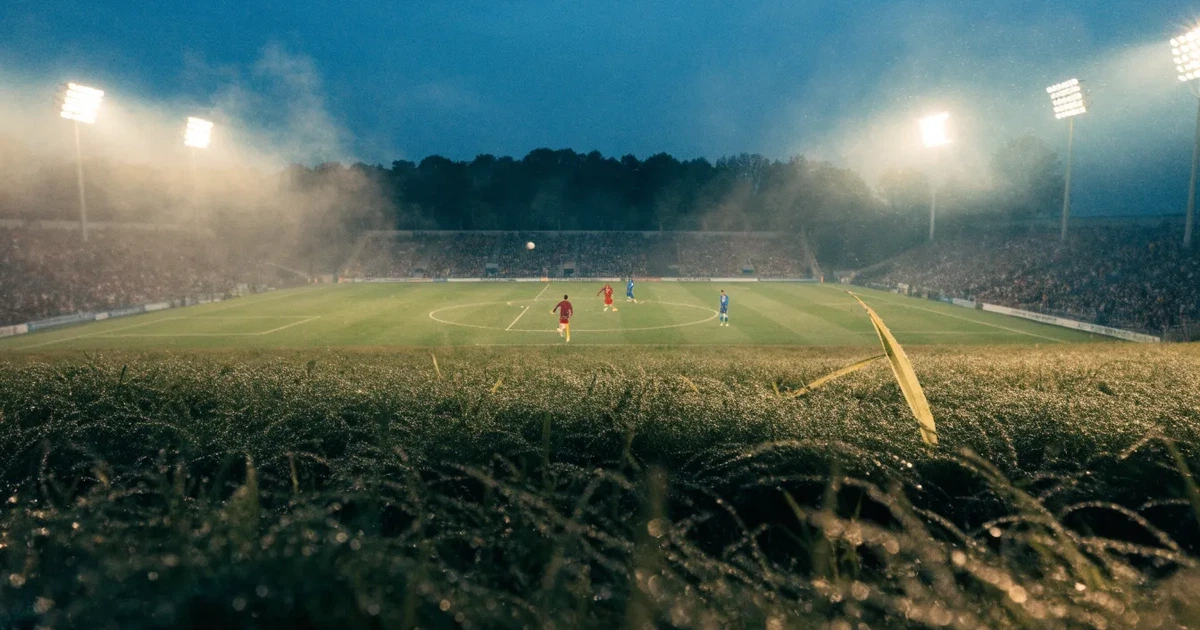 Ein Stadion unter Flutlicht, aus großer Entfernung über eine dunkle Wiese fotografiert, am Himmel zieht Nebel auf.