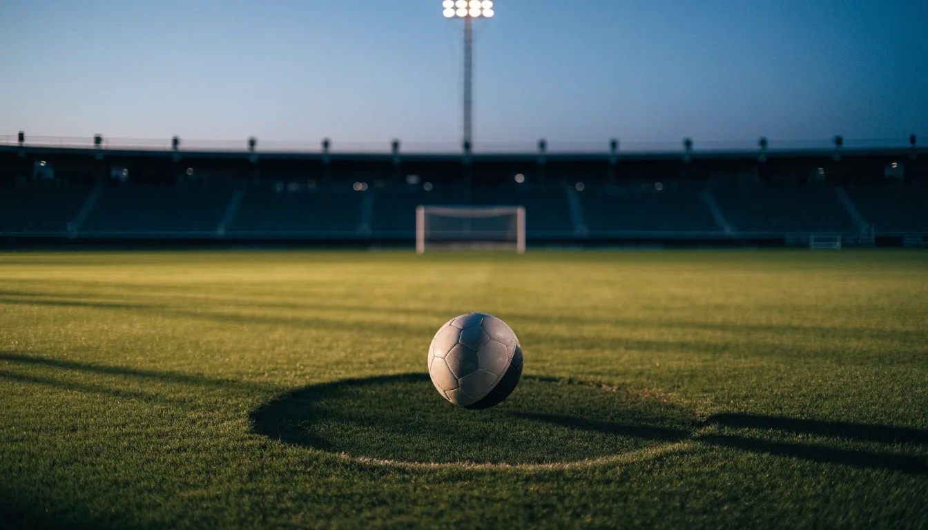 Ein Fußball liegt auf dem Anstoßpunkt eines leeren Rasenplatzes, im Hintergrund steht ein Stadion unter Flutlicht in der Dämmerung.