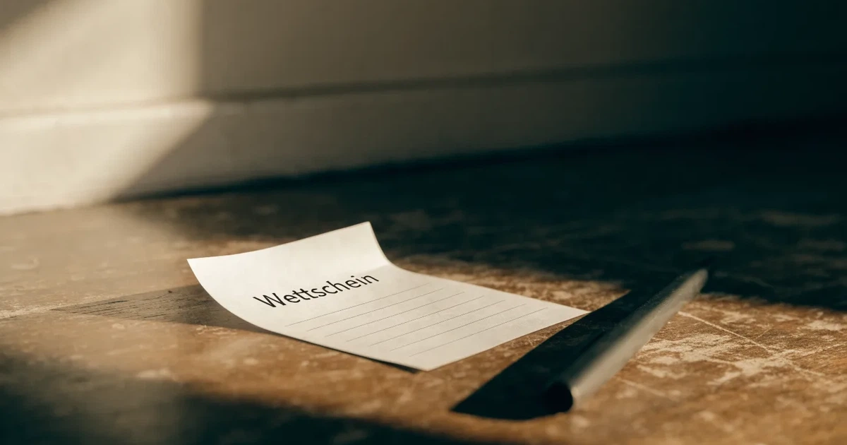 Ein leerer Wettschein aus Papier liegt neben einem Stift auf einer hölzernen Theke, weiches Licht fällt von der Seite ein.