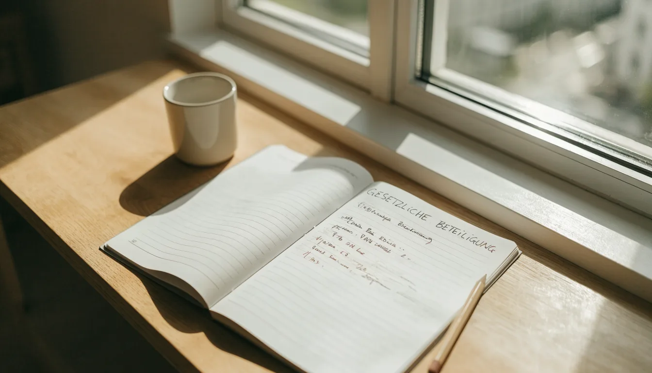 Ein Notizbuch mit handschriftlichen Notizen und ein Bleistift liegen auf einem Schreibtisch am Fenster, draußen fällt Morgenlicht herein.