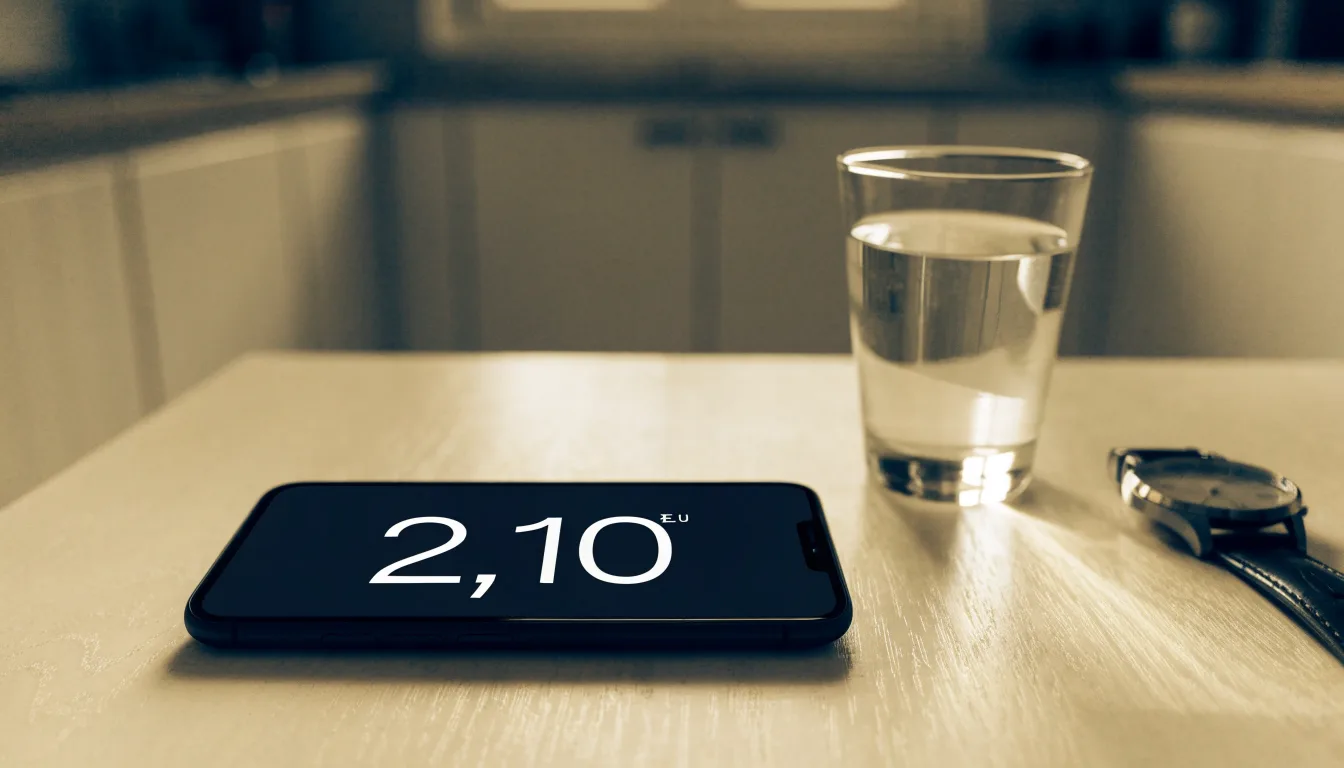 Ein Smartphone liegt mit dem Display nach unten auf einem Küchentisch, daneben stehen ein Glas Wasser und eine Armbanduhr.
