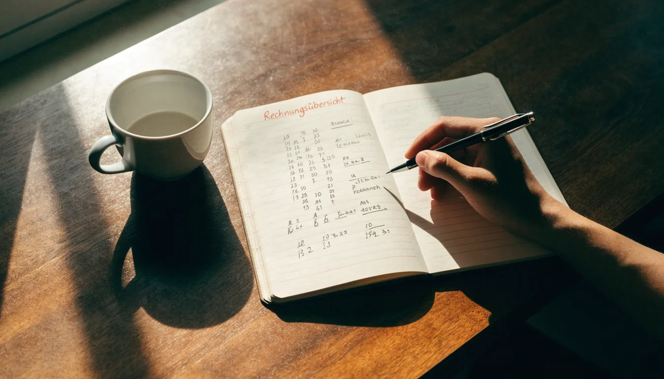 Ein Notizbuch mit handschriftlichen Rechnungen und ein Taschenrechner liegen auf einem Schreibtisch neben einer Tasse Kaffee im Licht des frühen Morgens.