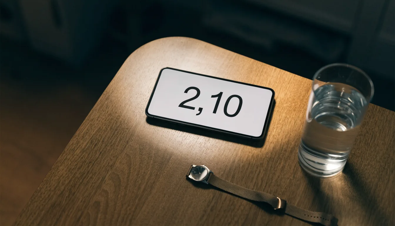 Ein Smartphone liegt mit dem Display nach unten auf einem Küchentisch, daneben stehen ein Glas Wasser und eine Armbanduhr.
