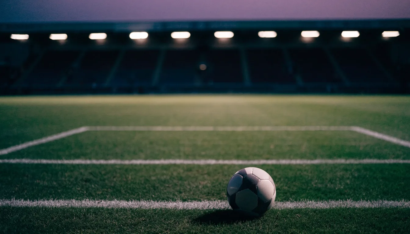 Ein Fußball liegt auf dem Rasen eines leeren Platzes, im Hintergrund ein Stadion unter Flutlicht in der Abenddämmerung.