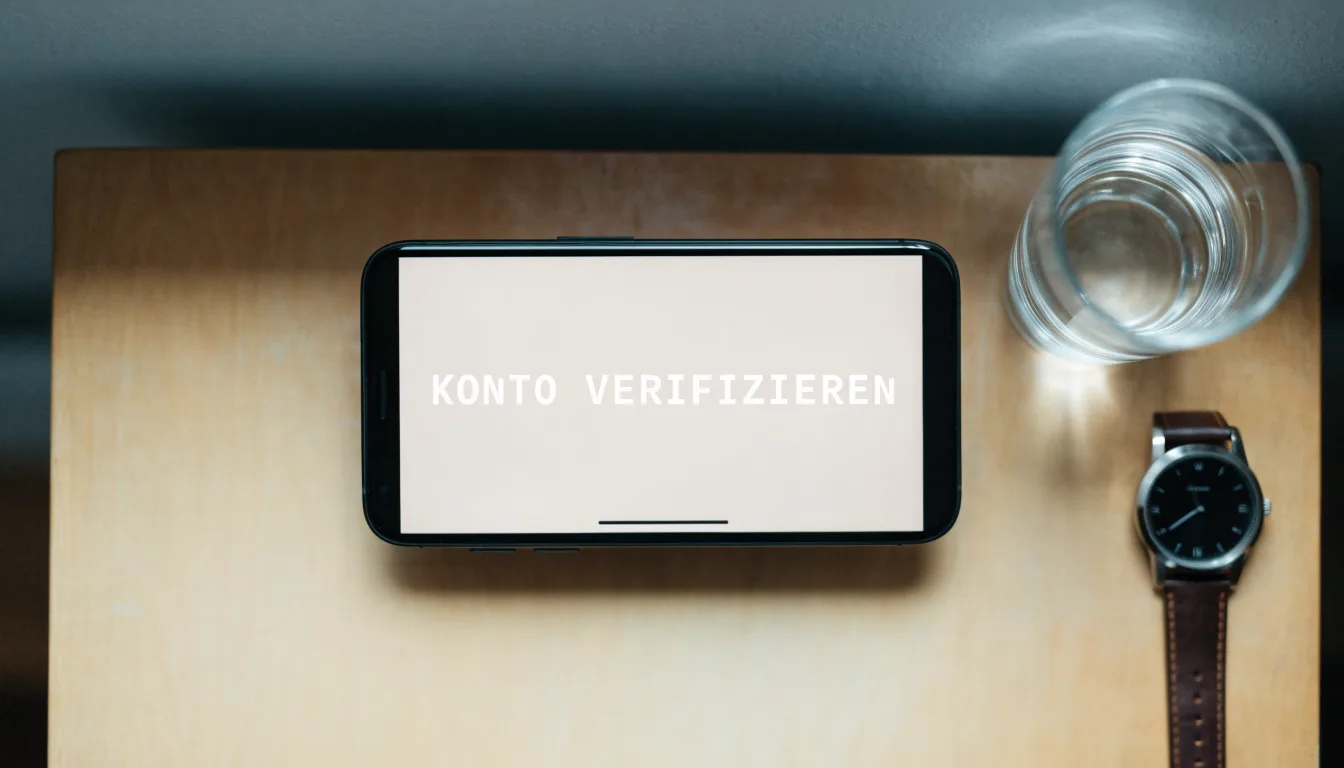 Ein Smartphone liegt mit dem Display nach unten auf einem Küchentisch, daneben stehen ein Glas Wasser und eine Armbanduhr.