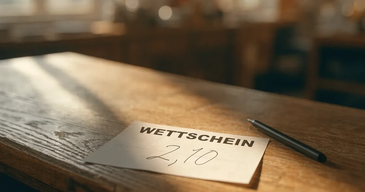Ein leerer Wettschein aus Papier liegt neben einem Stift auf einer hölzernen Theke, weiches Licht fällt von der Seite ein.