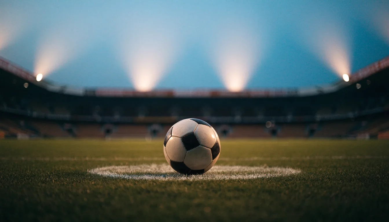 Ein Fußball liegt auf dem Anstoßpunkt eines leeren Rasenplatzes, im Hintergrund steht ein Stadion unter Flutlicht in der Dämmerung.