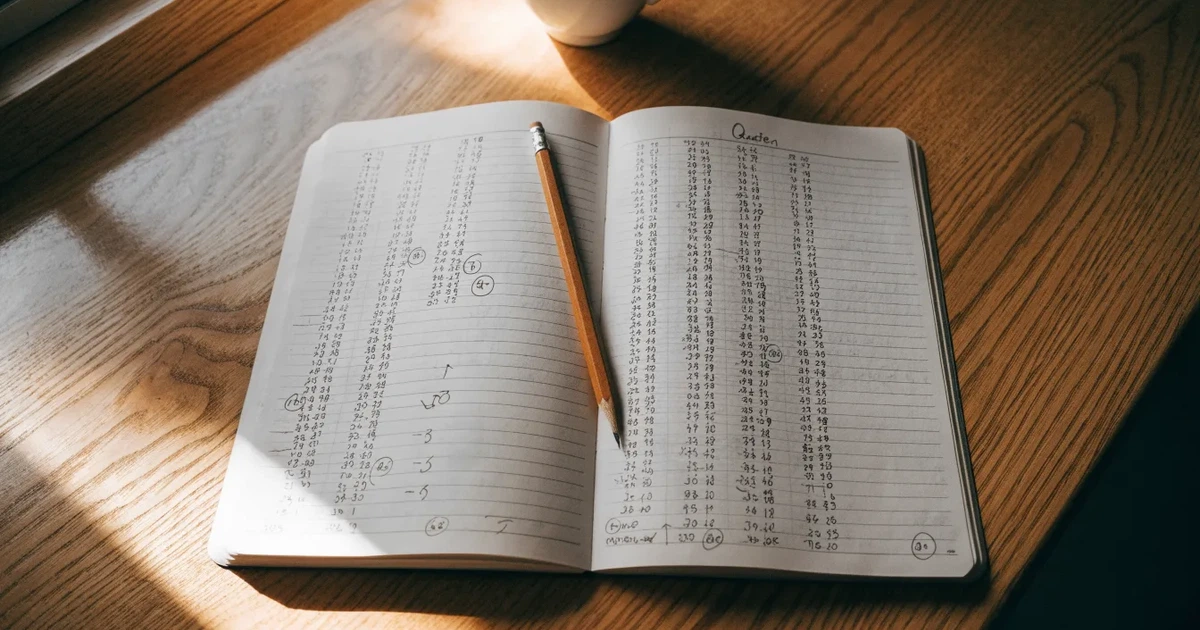Ein Notizbuch mit handschriftlichen Notizen und Pfeilen liegt aufgeschlagen auf einem Schreibtisch, daneben ein Bleistift und eine Tasse Tee.