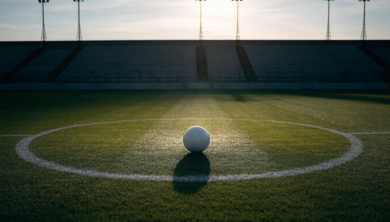 Ein Fußball liegt auf dem Anstoßpunkt eines leeren Rasenplatzes in der Morgendämmerung, im Hintergrund eine leere Tribüne.