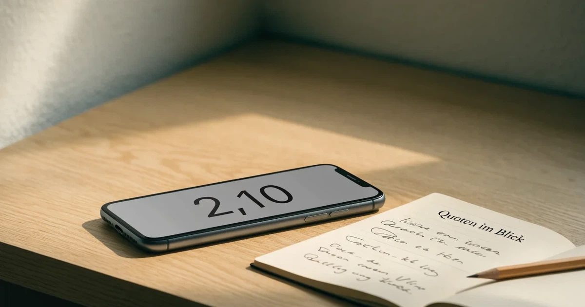 Mehrere Smartphones liegen mit dem Display nach unten neben einem Notizblock und einem Bleistift auf einem hellen Holztisch, seitliches Morgenlicht.