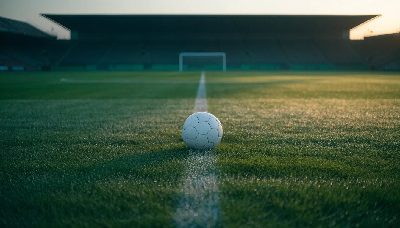 Ein Fußball ruht auf dem Mittelkreis eines leeren Rasenplatzes in der Morgendämmerung, Tau liegt auf dem Gras.
