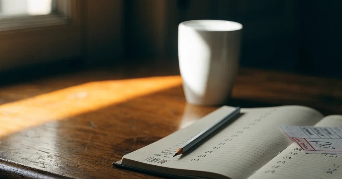 Ein Notizbuch mit handschriftlichen Spalten und Strichlisten liegt neben einem Taschenrechner und einem Bleistift auf einem Schreibtisch.