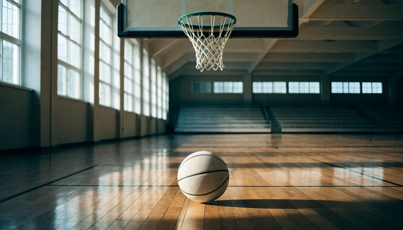 Ein Basketball liegt auf dem Hallenboden unter einem Korb, das Netz hängt ruhig, Morgenlicht fällt durch hohe Fenster.