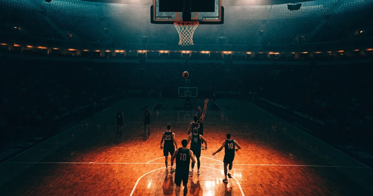 Eine leere Basketballhalle von einer oberen Tribünenreihe aus gesehen, Parkett und Körbe im Licht der Hallenstrahler.
