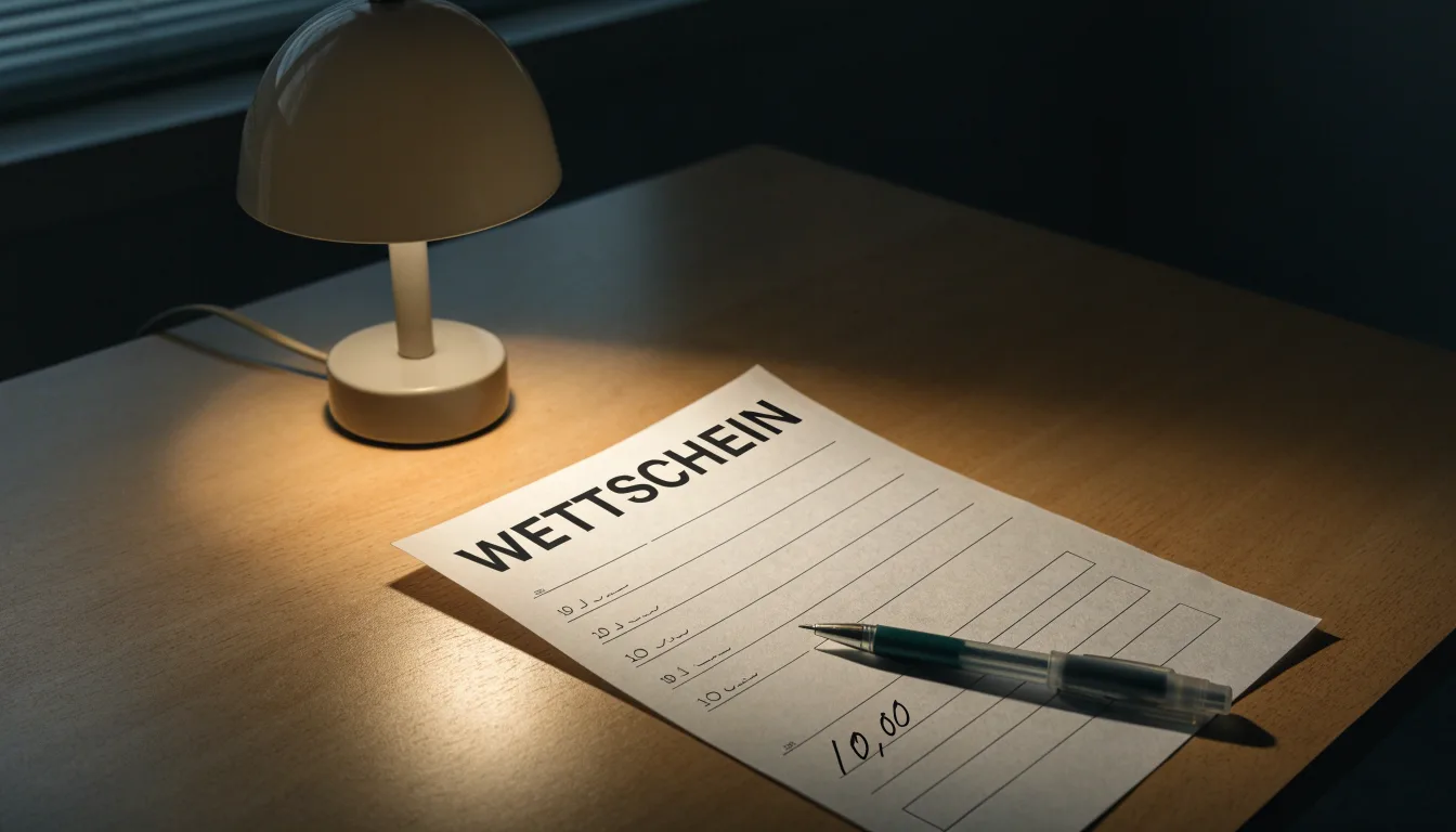 Ein leerer Wettschein aus Papier und ein Kugelschreiber liegen auf einer Tischplatte neben einer kleinen Tischlampe.