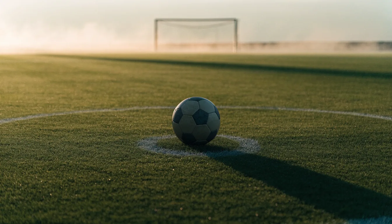 Ein Fußball liegt auf dem Anstoßkreis eines leeren Rasenplatzes im Licht der Morgensonne.