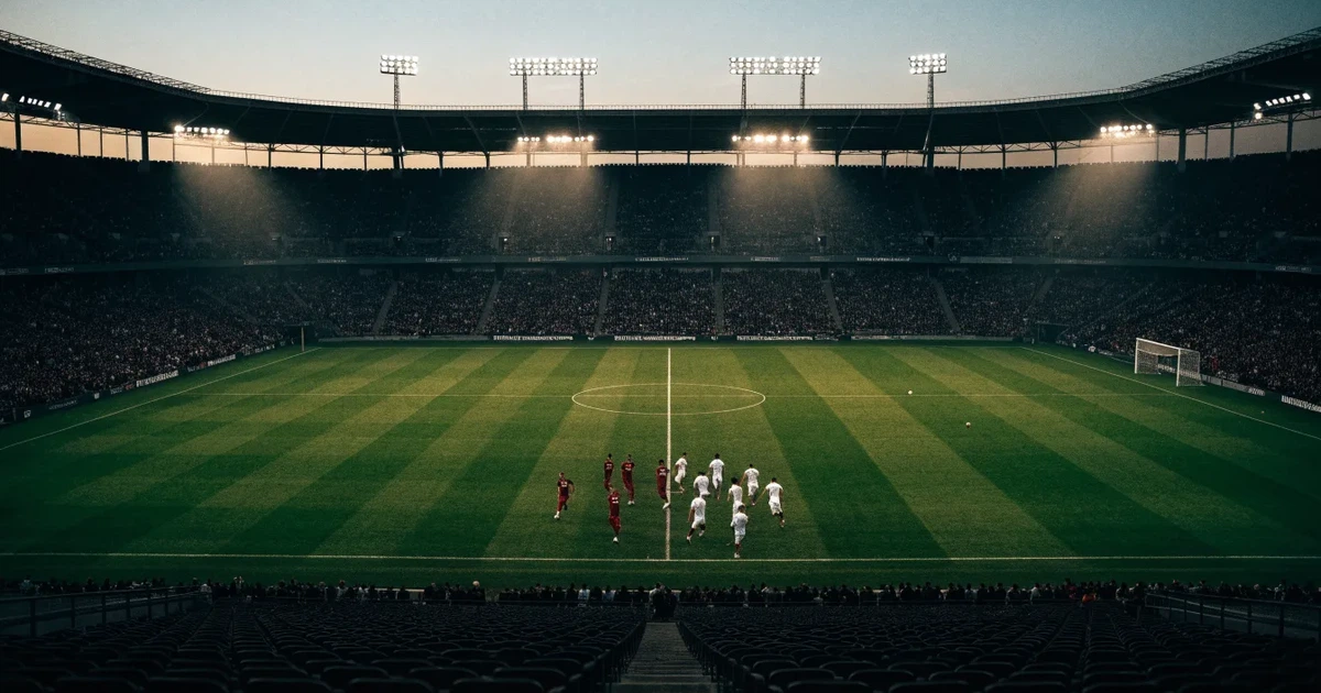 Ein Fußballstadion unter Flutlicht aus großer Entfernung, davor ein dunkler Parkplatz und ein heller Abendhimmel.