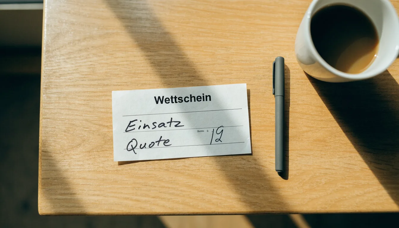Ein leerer Wettschein aus Papier liegt neben einem Kugelschreiber und einer Tasse auf einem hellen Holztisch.