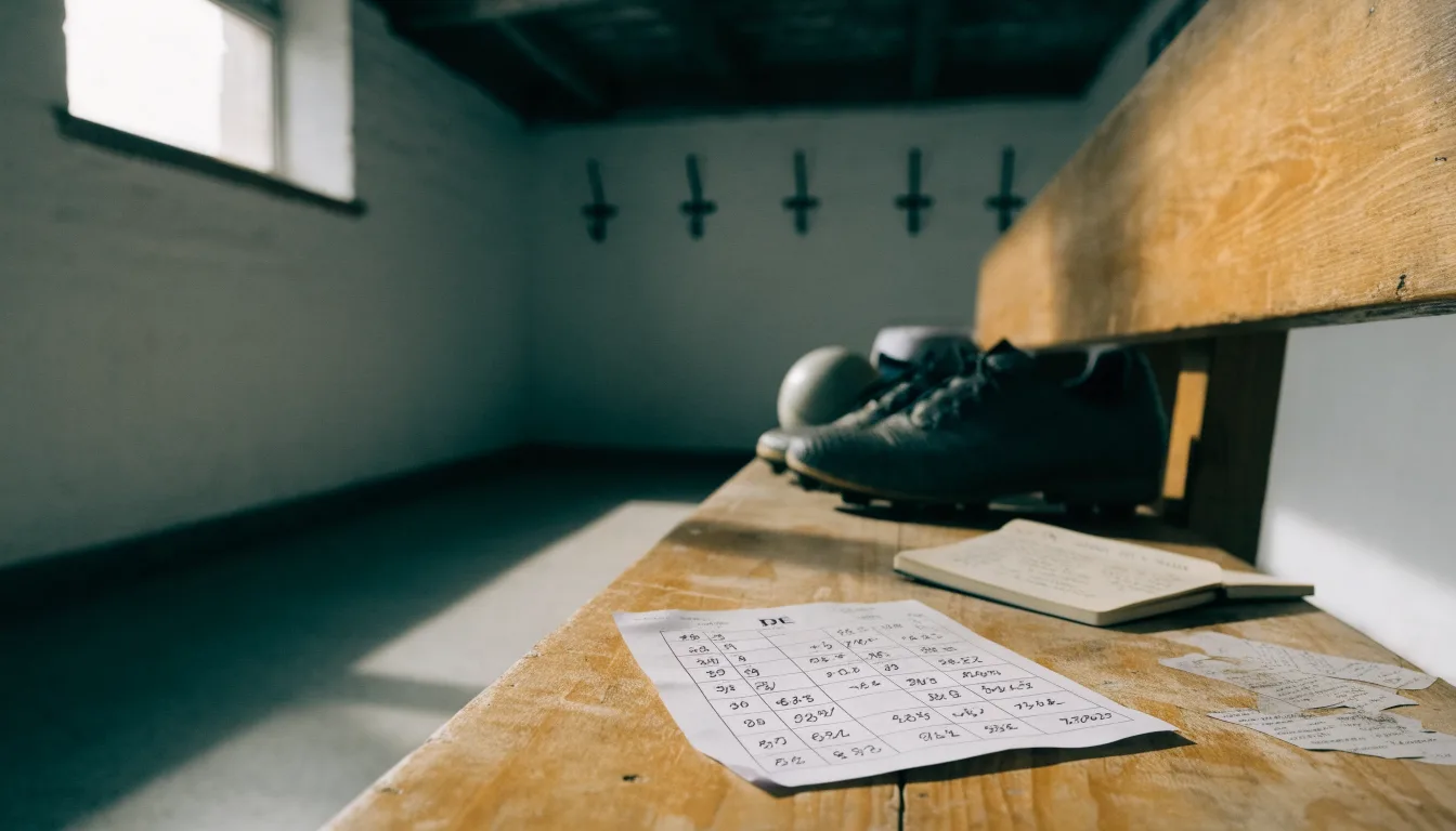 Ein Fußball liegt neben einem Paar Fußballschuhen ohne Markenzeichen auf einer Holzbank in einer leeren Umkleide.