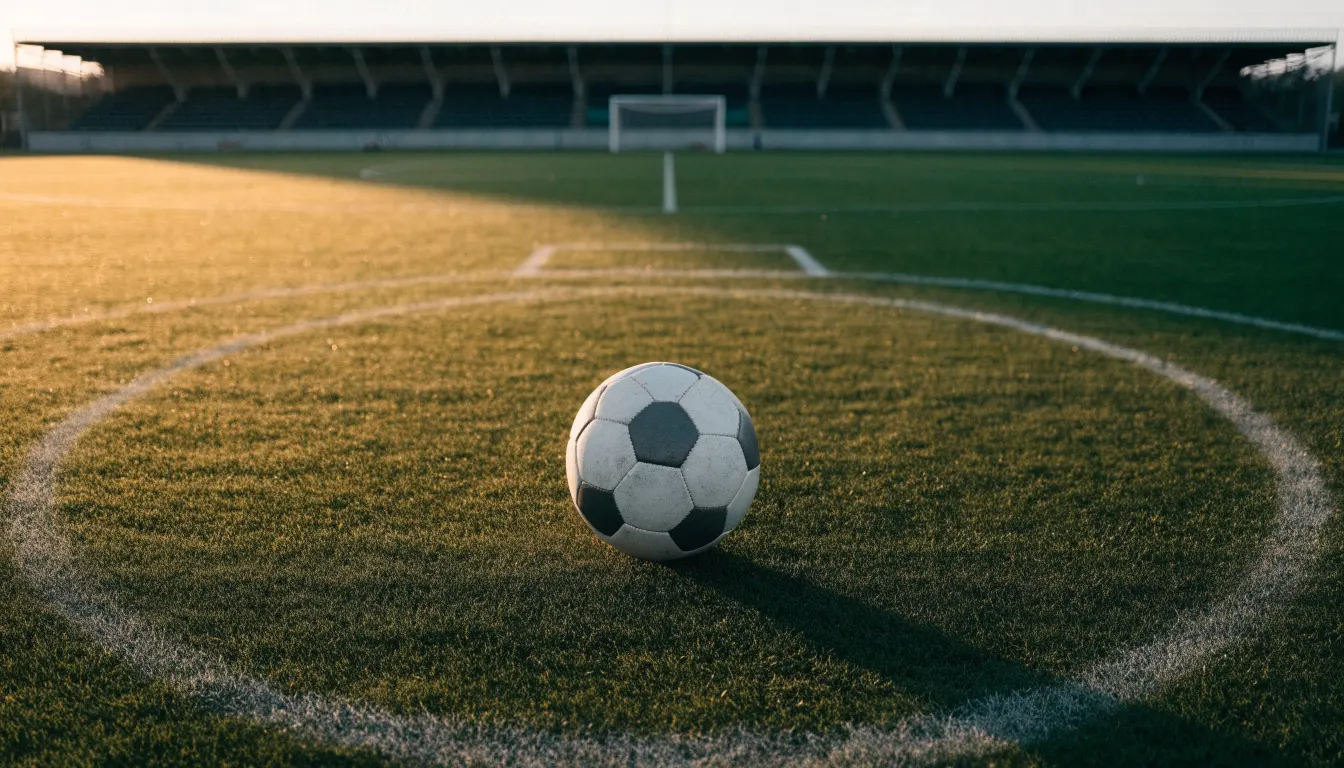 Ein Fußball liegt auf dem Anstoßpunkt eines leeren Rasenplatzes in der Morgendämmerung, im Hintergrund eine leere Tribüne.