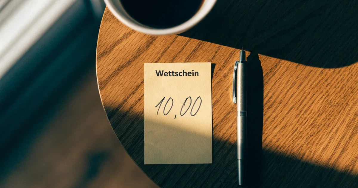Ein leerer Wettschein aus Papier liegt neben einem Kugelschreiber und einer Tasse Kaffee auf einem Tisch, Aufnahme von oben.