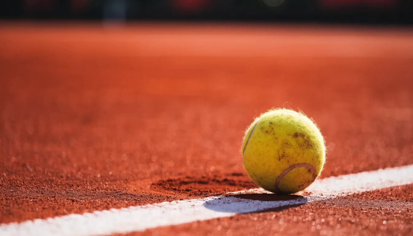 Ein einzelner Tennisball liegt auf rotem Sand neben einer weißen Linie, geringe Schärfentiefe.