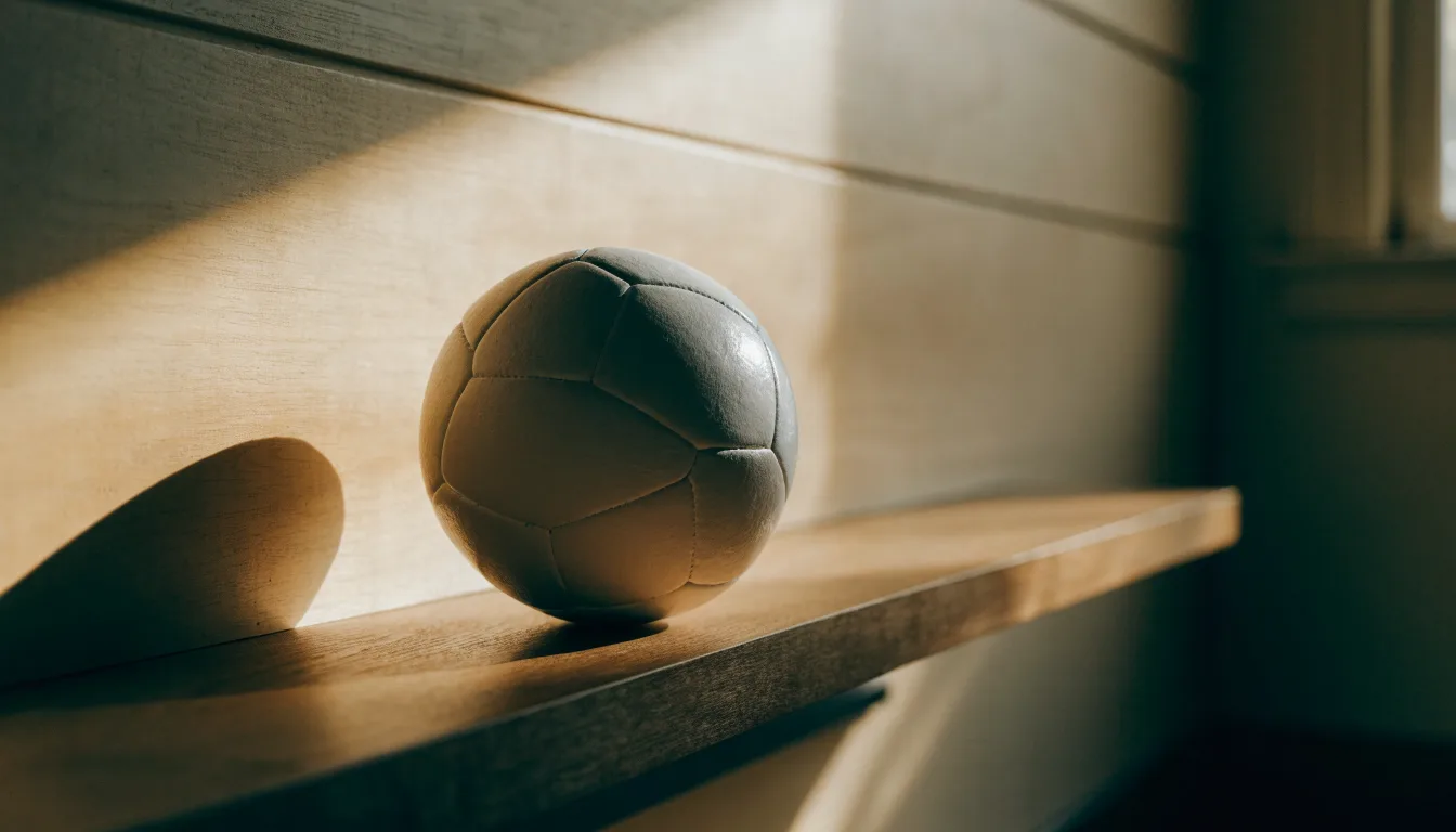 Eine Weltkarte aus Holz hängt an einer Wand, davor liegt ein Fußball auf einem Regal, ohne erkennbare Beschriftung.