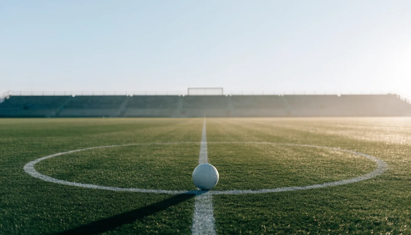 Ein Fußball liegt auf dem Anstoßpunkt eines leeren Rasenplatzes im frühen Morgenlicht, dahinter eine leere Tribüne.