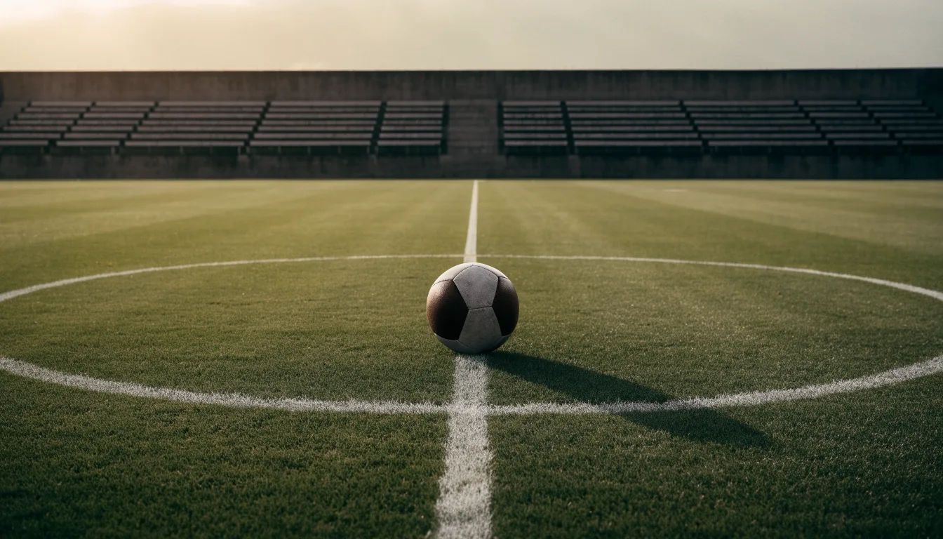 Ein Fußball liegt auf dem Anstoßpunkt eines leeren Rasenplatzes im frühen Morgenlicht, dahinter eine leere Tribüne.