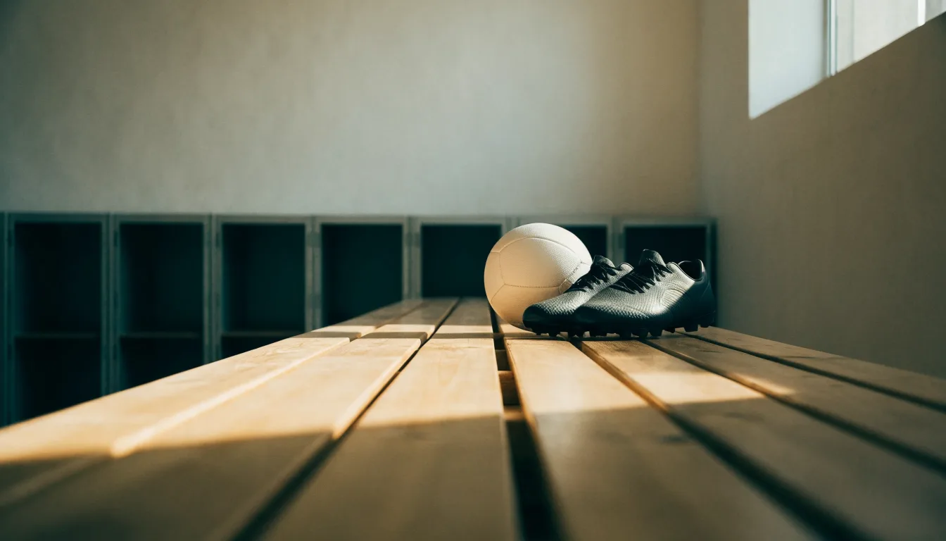 Ein Fußball liegt auf einer Holzbank in einer leeren Umkleide neben einem Paar Fußballschuhen ohne Markenzeichen.