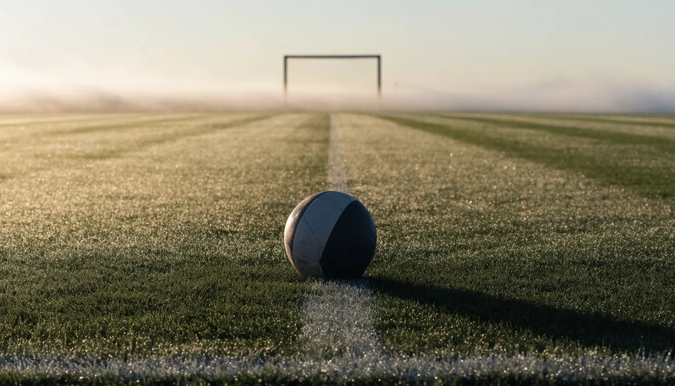 Ein Fußball ruht auf dem Mittelkreis eines leeren Rasenplatzes in der Morgendämmerung, Tau liegt auf dem Gras.