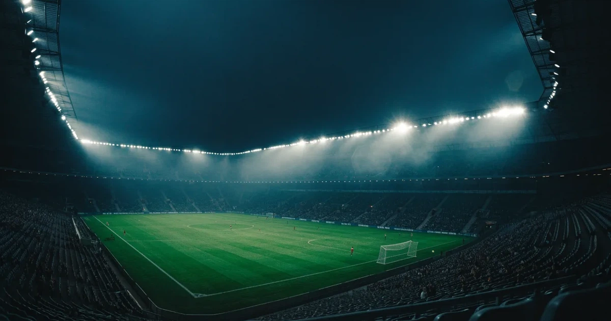 Ein Stadion bei Nacht unter Flutlicht aus der Ferne gesehen, der Rasen ist hell erleuchtet, keine erkennbaren Personen.