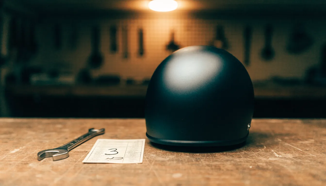 Ein schwarzer Motorradhelm ohne Aufdruck liegt auf einer Werkbank neben einem Schraubenschlüssel, warmes Licht einer Werkstatt.