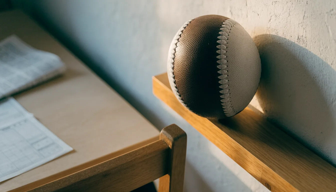 Eine Weltkarte aus Holz hängt an einer Wand, davor liegt ein Fußball auf einem Regal, ohne erkennbare Beschriftung.