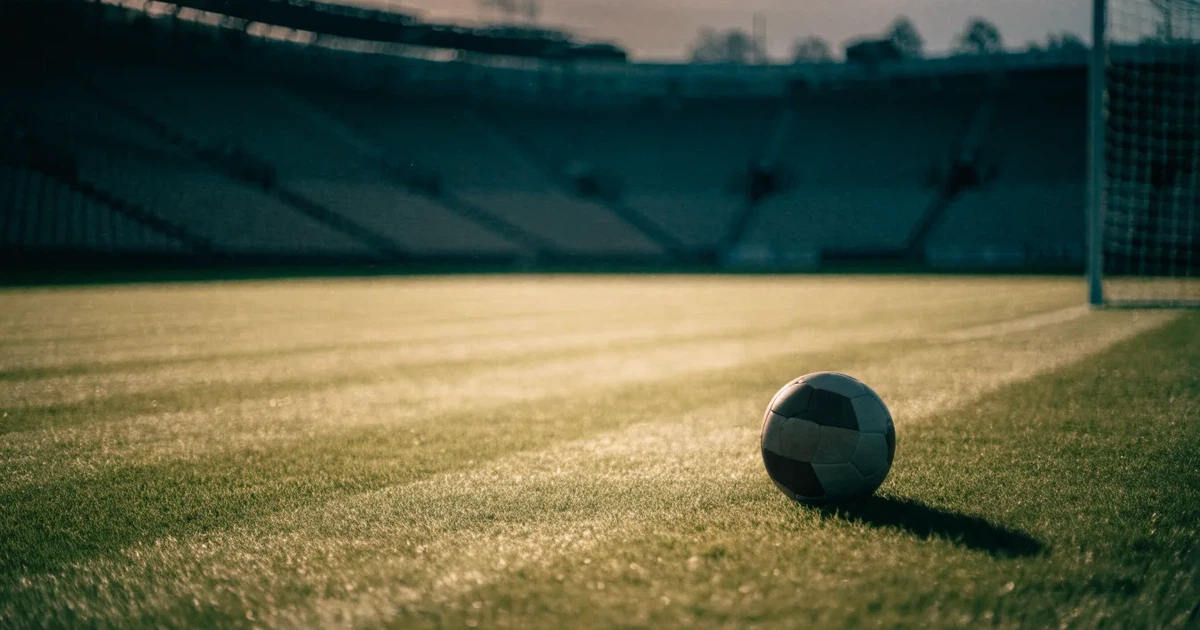 Ein Fußballplatz mit frisch gemähtem Rasen im Abendlicht, ein Ball liegt im Strafraum, im Hintergrund unscharf eine leere Tribüne.
