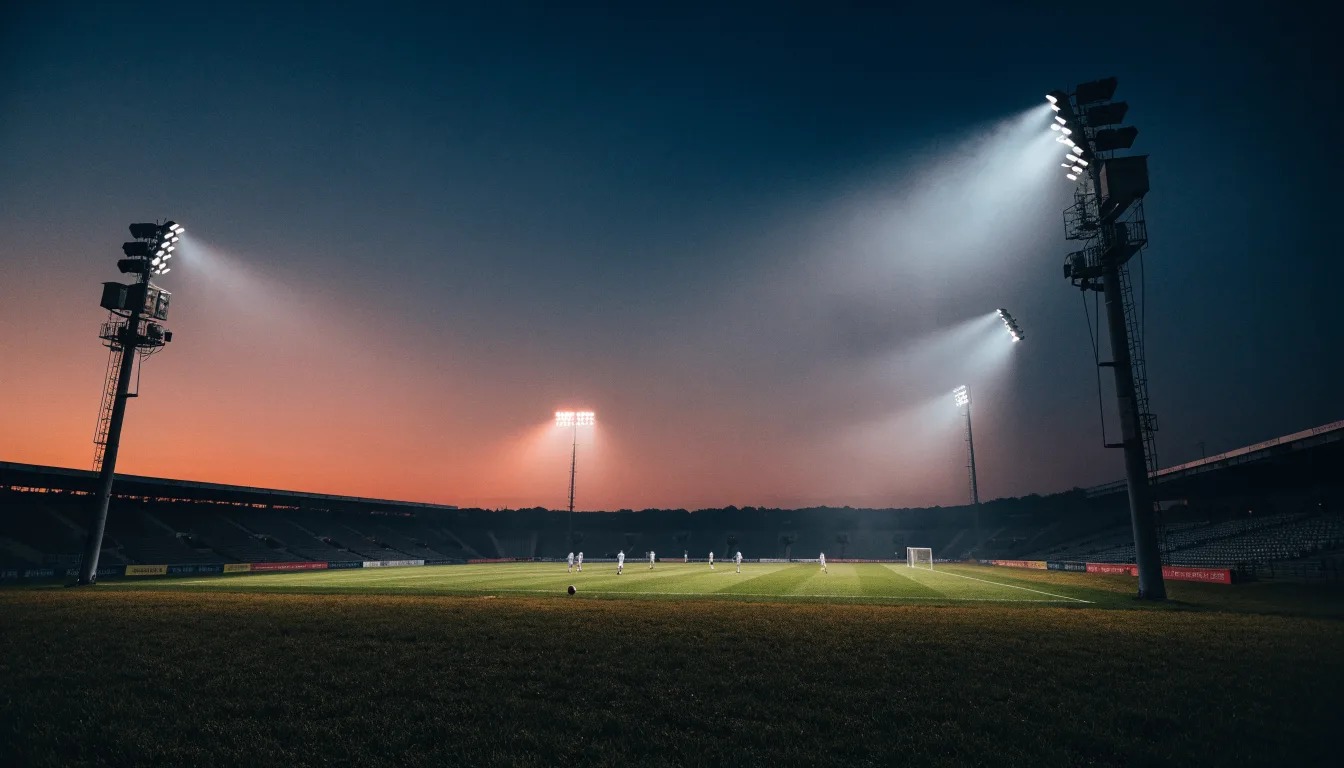 Ein großes Stadion unter Flutlicht, aus der Ferne über eine dunkle Wiese gesehen, die Lichtmasten spiegeln sich im Dunst der Abenddämmerung.