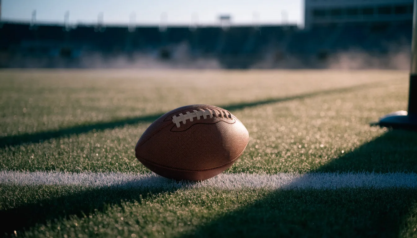Ein ovaler Lederball mit heller Schnürung liegt auf dem Rasen vor der Endzone, Tau auf dem Gras im ersten Morgenlicht.