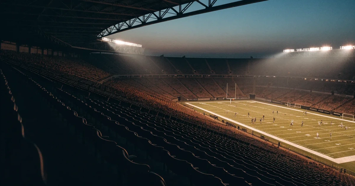 Ein American-Football-Feld mit weißen Yardlinien im Flutlicht, von einer hohen Tribüne aus gesehen, die Ränge leer, Zahlen nicht erkennbar.