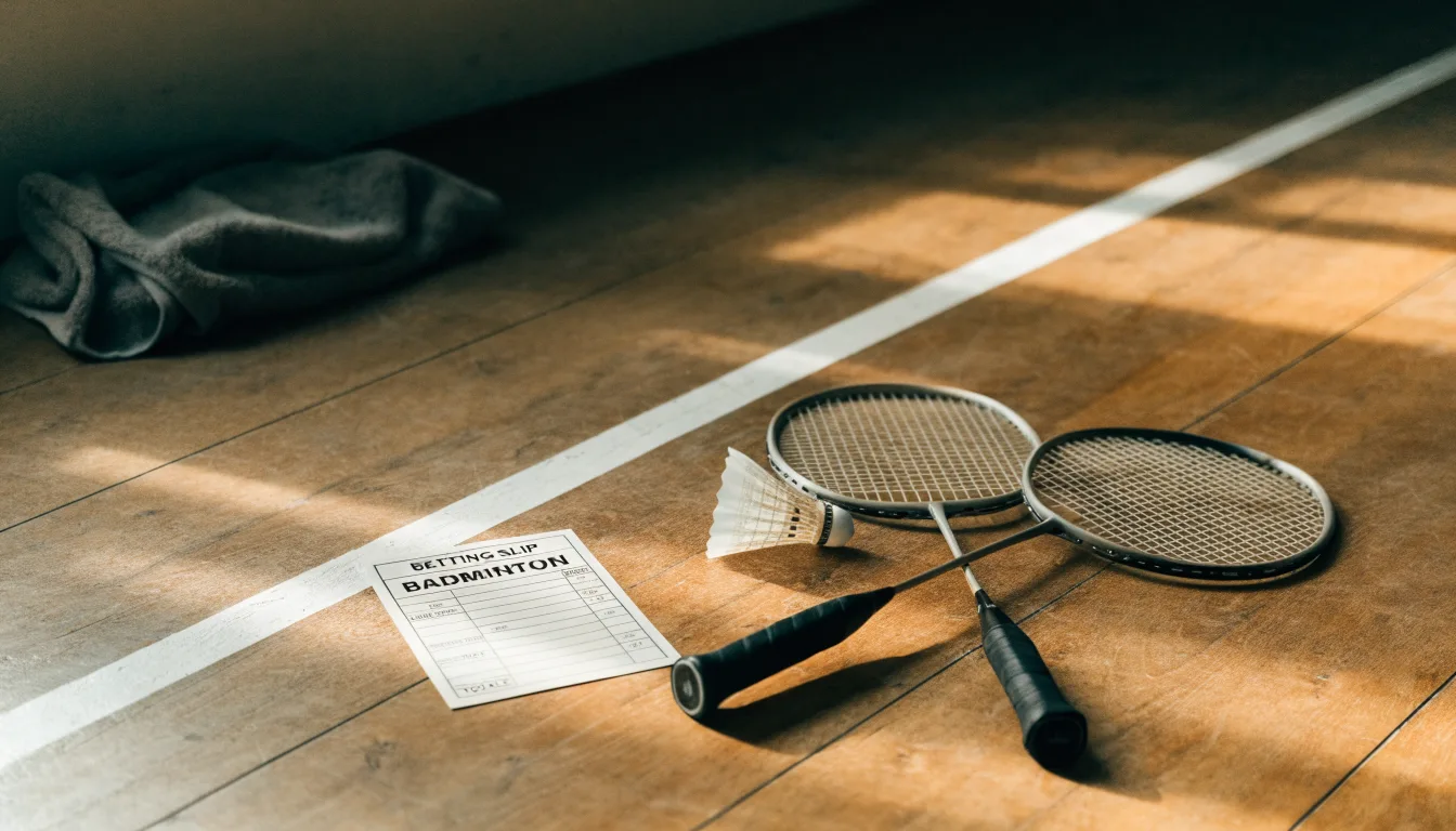 Zwei Badmintonschläger und ein Federball liegen auf einem Holzboden neben der Seitenlinie, weiches Licht fällt von der Seite ein.