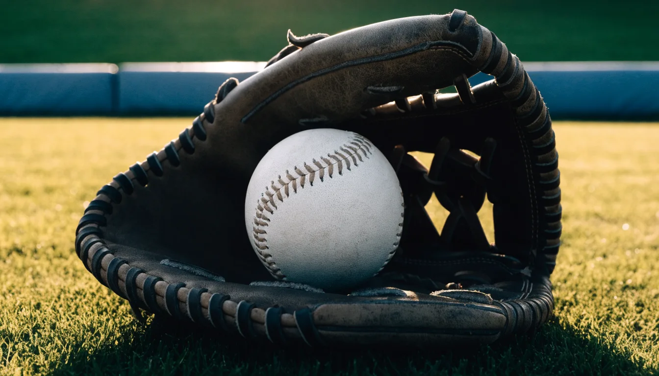 Ein weißer Baseball und ein Lederhandschuh liegen auf kurz geschnittenem Gras, im Hintergrund eine verschwommene Spielfeldbande.