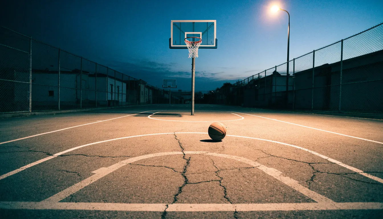 Ein Freiluft-Basketballplatz am Abend mit Asphalt, Linien und zwei Körben unter einer Straßenlaterne.
