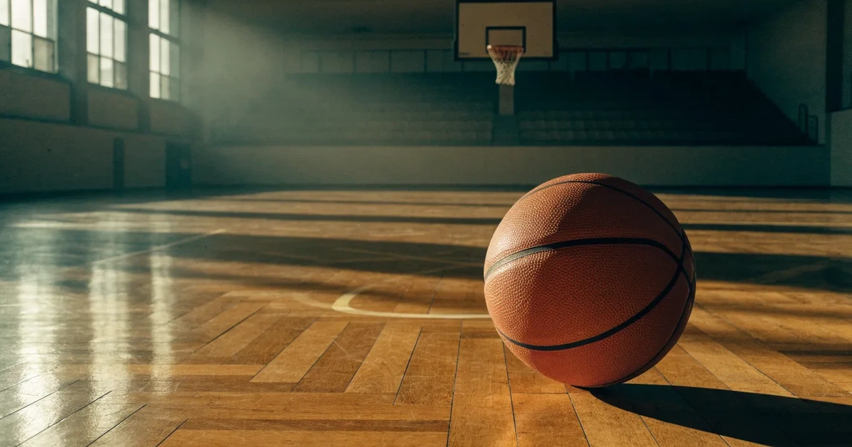 Ein Basketball liegt unter dem Korb auf dem Parkett einer leeren Sporthalle, Licht fällt durch hohe Fenster.