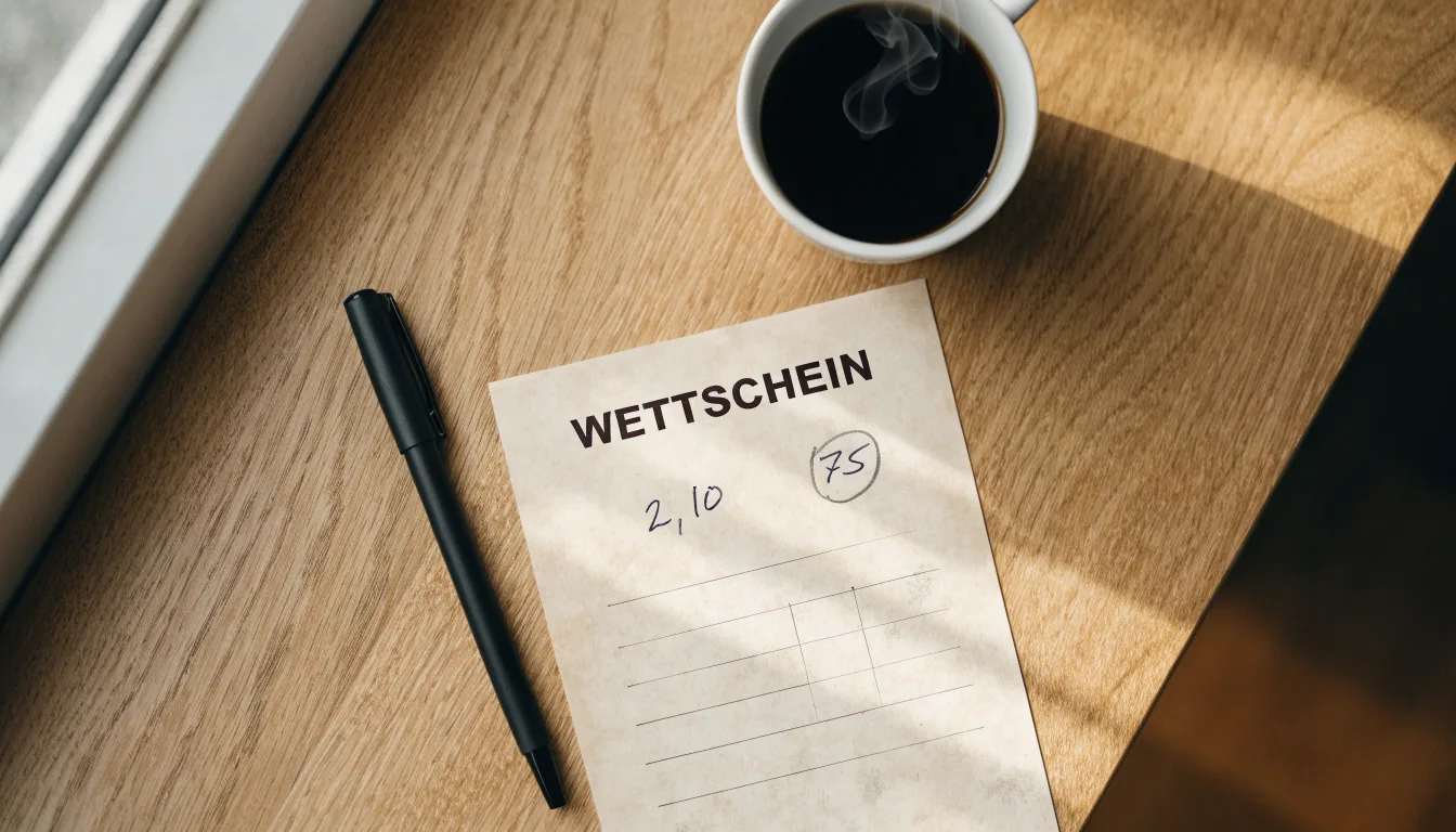 Ein leerer Wettschein aus Papier liegt neben einem Kugelschreiber und einer Tasse auf einem hellen Holztisch.