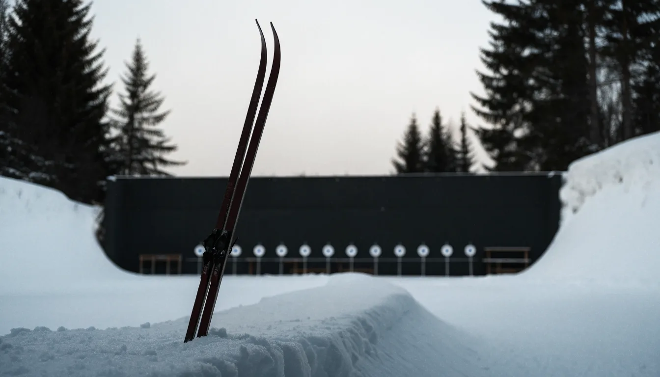 Ein Paar Langlaufskier steckt aufrecht im Schnee neben einem leeren Schießstand mit runden Zielscheiben, kaltes Winterlicht.