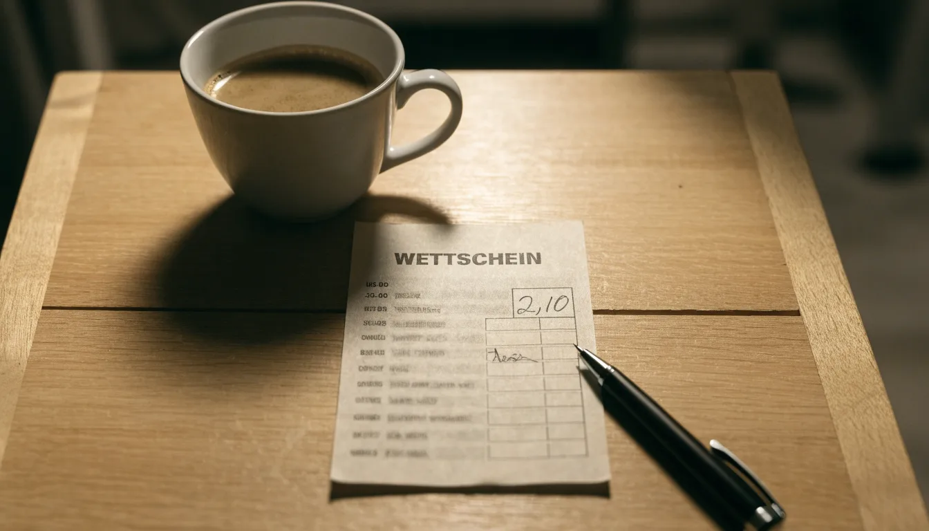 Ein leerer Papierwettschein und ein Kugelschreiber liegen auf einem Holztisch neben einer Tasse, warmes Licht einer Lampe.