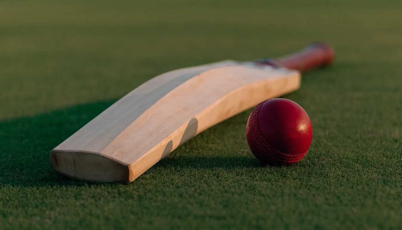 Ein Cricketschläger aus hellem Holz und ein roter Lederball liegen auf kurzem Rasen, weiches Abendlicht.