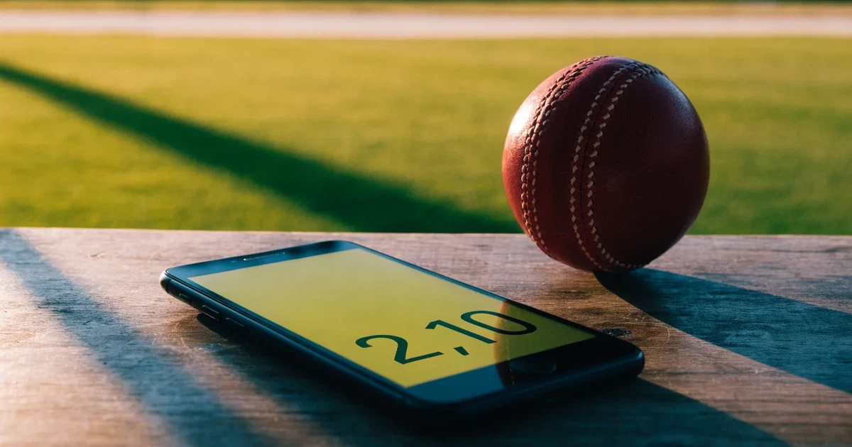 Ein weites grünes Cricketfeld mit einem hellen Streifen in der Mitte, tief stehende Sonne, im Hintergrund eine leere Tribüne.