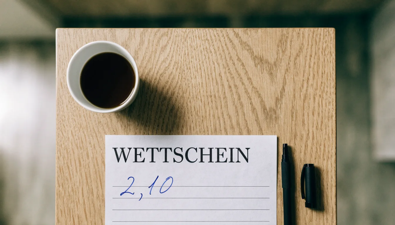 Ein leerer Wettschein aus Papier liegt neben einem Kugelschreiber und einer Tasse auf einem hellen Holztisch.